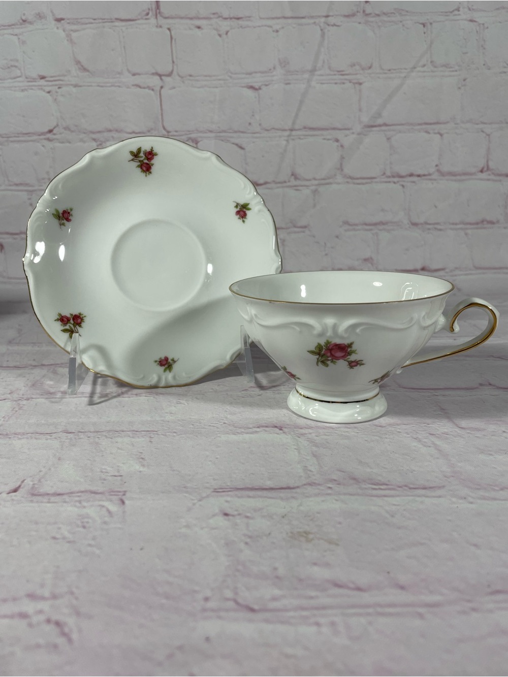 Vintage Bavaria Western Germany Rose Floral Footed Teacup and Saucer Set